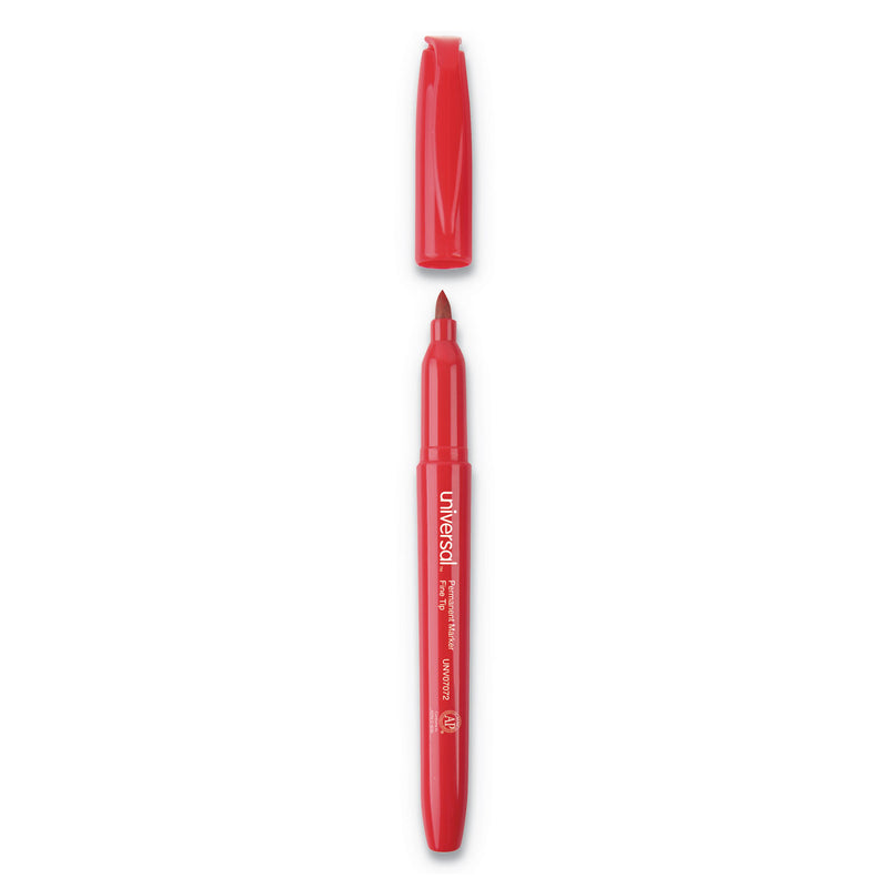 Universal Pen-Style Permanent Marker, Fine Bullet Tip, Red, Dozen