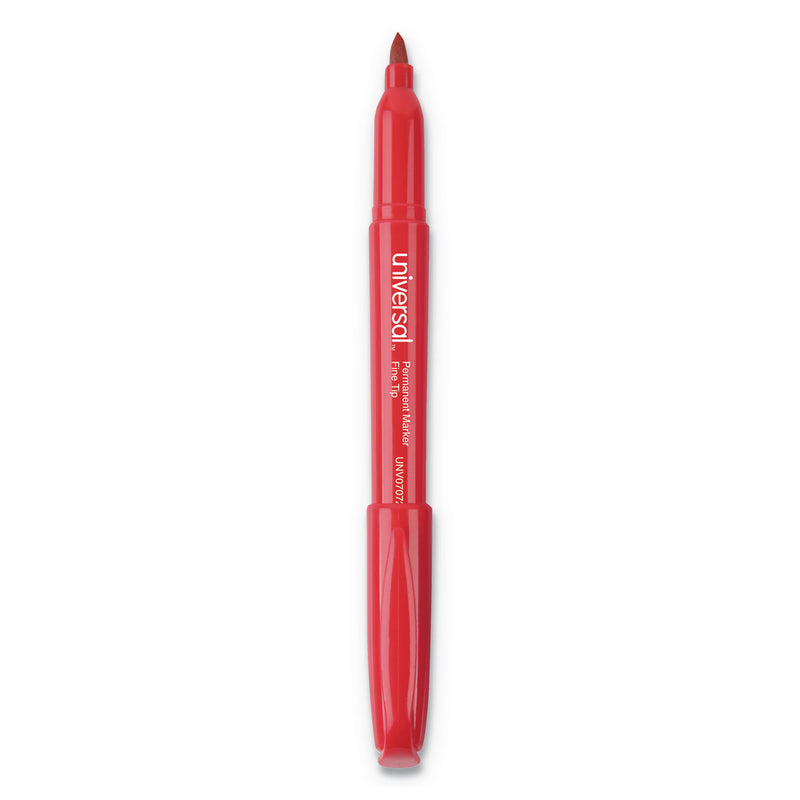 Universal Pen-Style Permanent Marker, Fine Bullet Tip, Red, Dozen