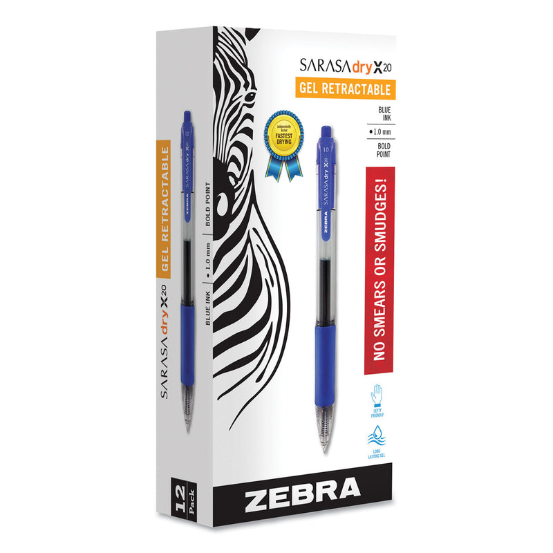 Zebra Sarasa Dry Gel X20 Gel Pen, Retractable, Bold 1 mm, Blue Ink, Translucent Blue Barrel, 12/Pack