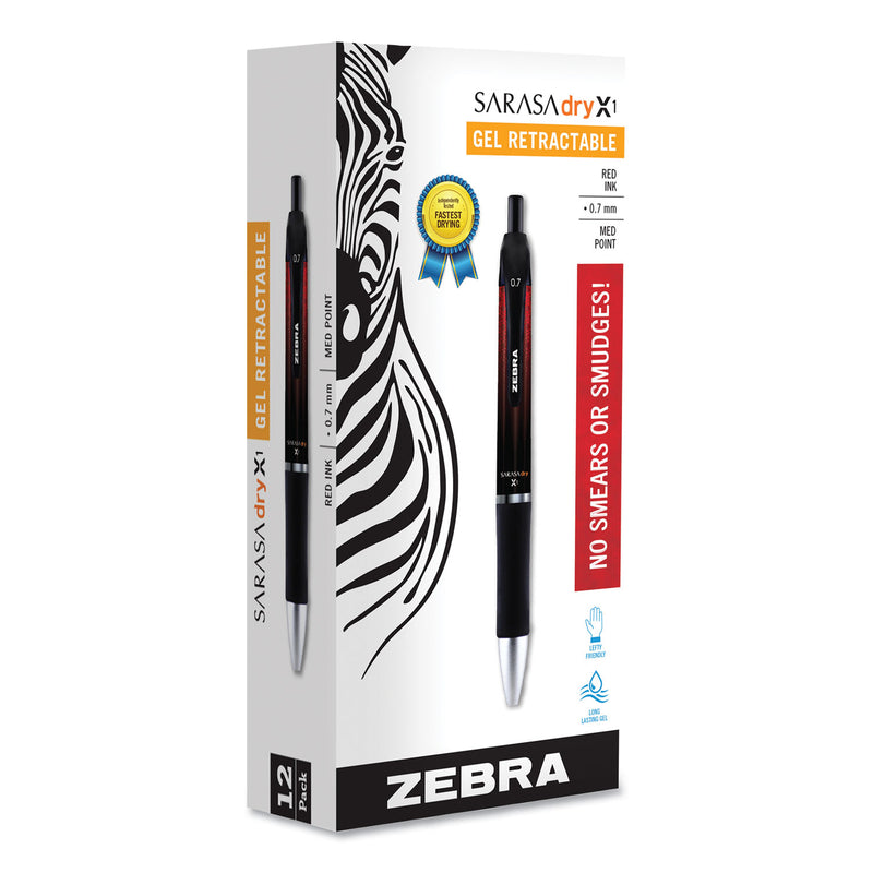 Zebra Sarasa Dry Gel X1 Gel Pen, Retractable, Medium 0.7 mm, Red Ink, Red Barrel, 12/Pack