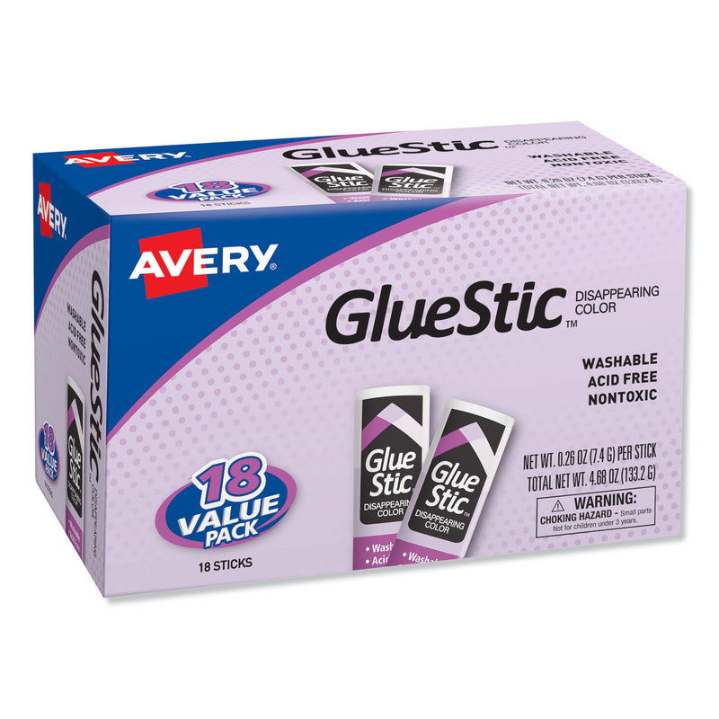 Avery Permanent Glue Stic Value Pack, 0.26 oz, Applies Purple, Dries Clear, 18/Pack