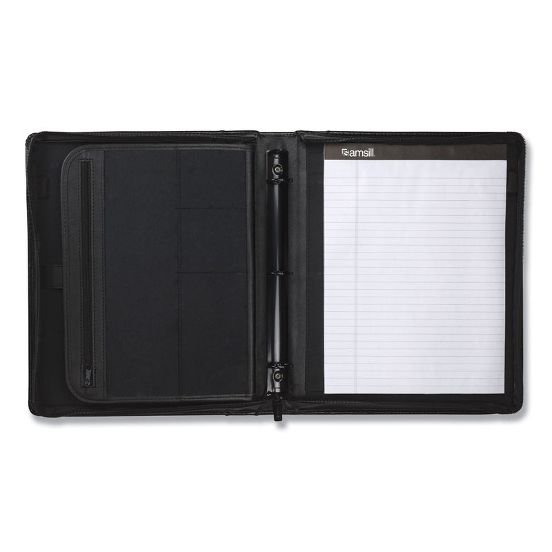 Samsill Leather Multi-Ring Zippered Portfolio, Two-Part, 1" Cap, 11 x 13 1/2, Black