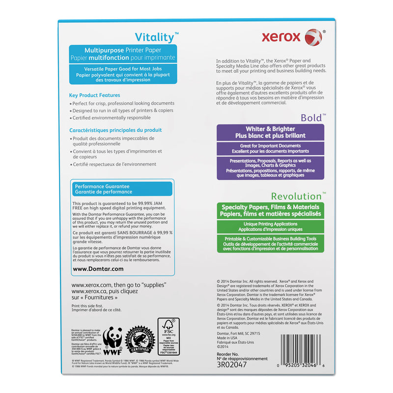 xerox Vitality Multipurpose Print Paper, 92 Bright, 20 lb Bond Weight, 8.5 x 11, White, 500 Sheets/Ream, 10 Reams/Carton