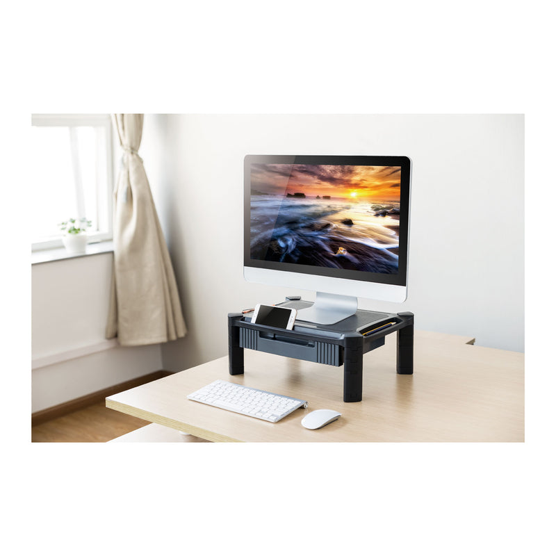 Innovera Large Monitor Stand with Cable Management and Drawer, 18.38" x 13.63" x 5", Black