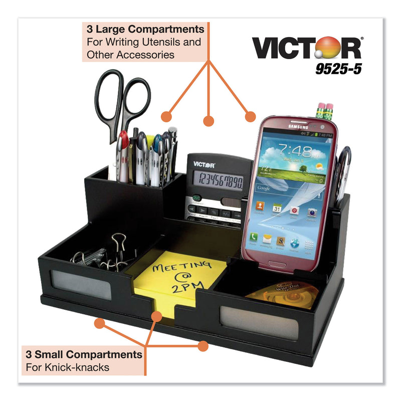 Victor Midnight Black Desk Organizer with Smartphone Holder, 6 Compartments, Wood, 10.5 x 5.5 x 4