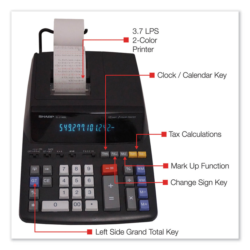 Sharp EL2196BL Two-Color Printing Calculator, Black/Red Print, 3.7 Lines/Sec