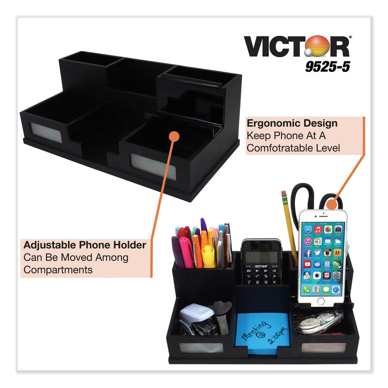 Victor Midnight Black Desk Organizer with Smartphone Holder, 6 Compartments, Wood, 10.5 x 5.5 x 4