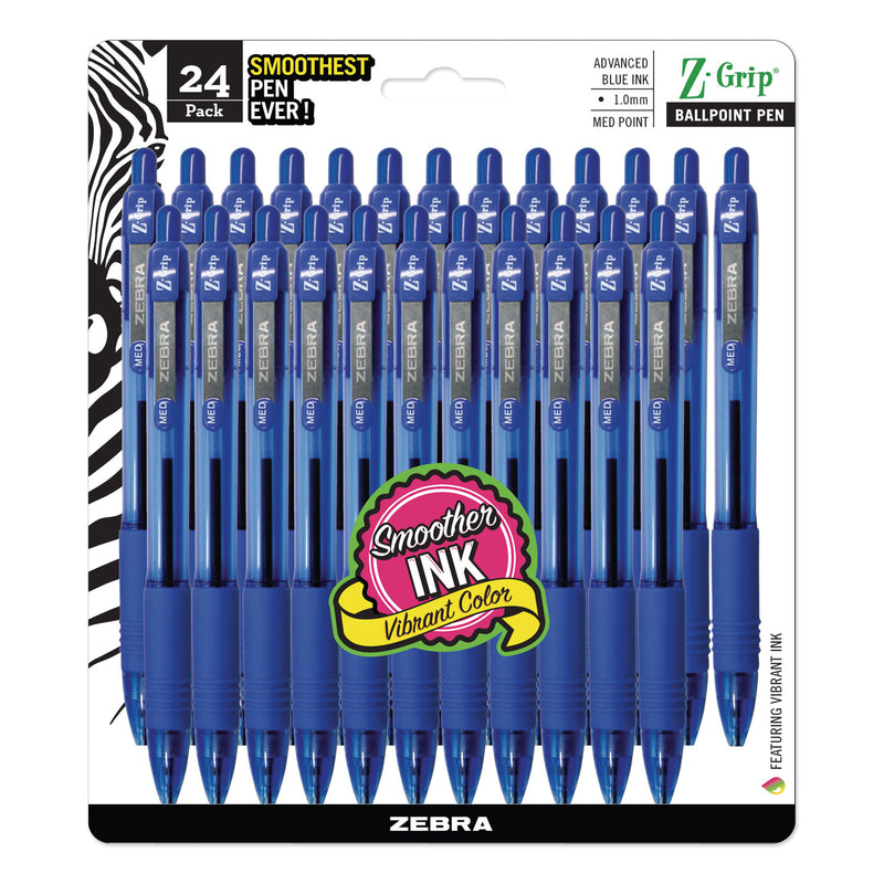 Zebra Z-Grip Ballpoint Pen, Retractable, Medium 1 mm, Blue Ink, Clear Barrel, 24/Pack