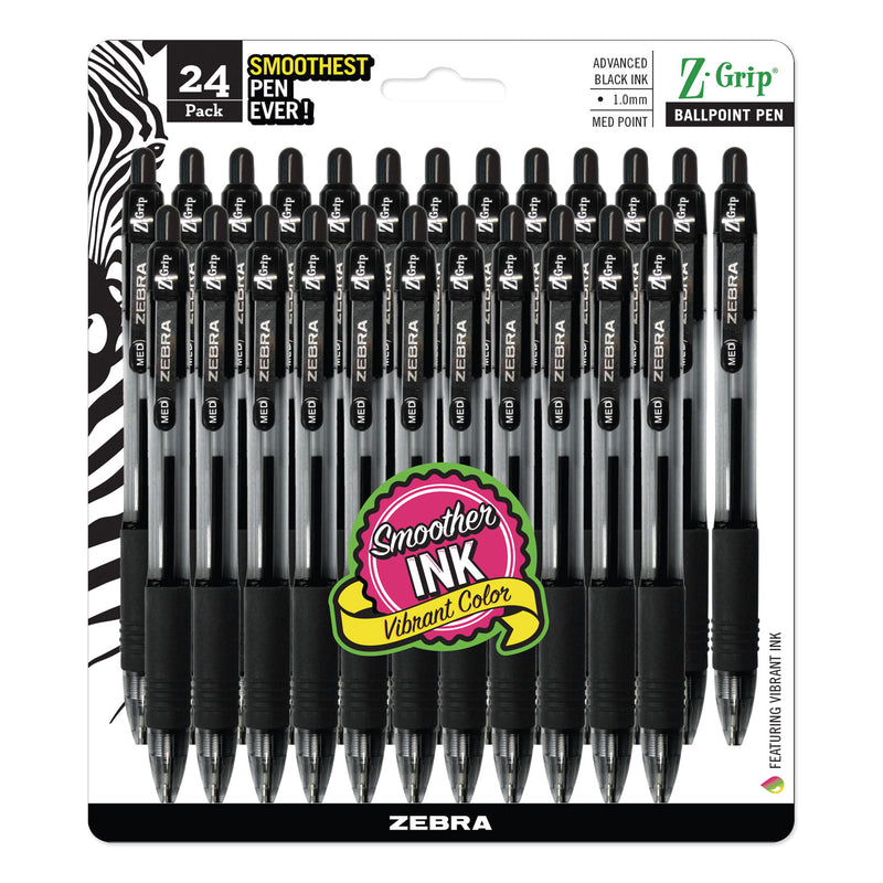 Zebra Z-Grip Ballpoint Pen, Retractable, Medium 1 mm, Black Ink, Clear Barrel, 24/Pack