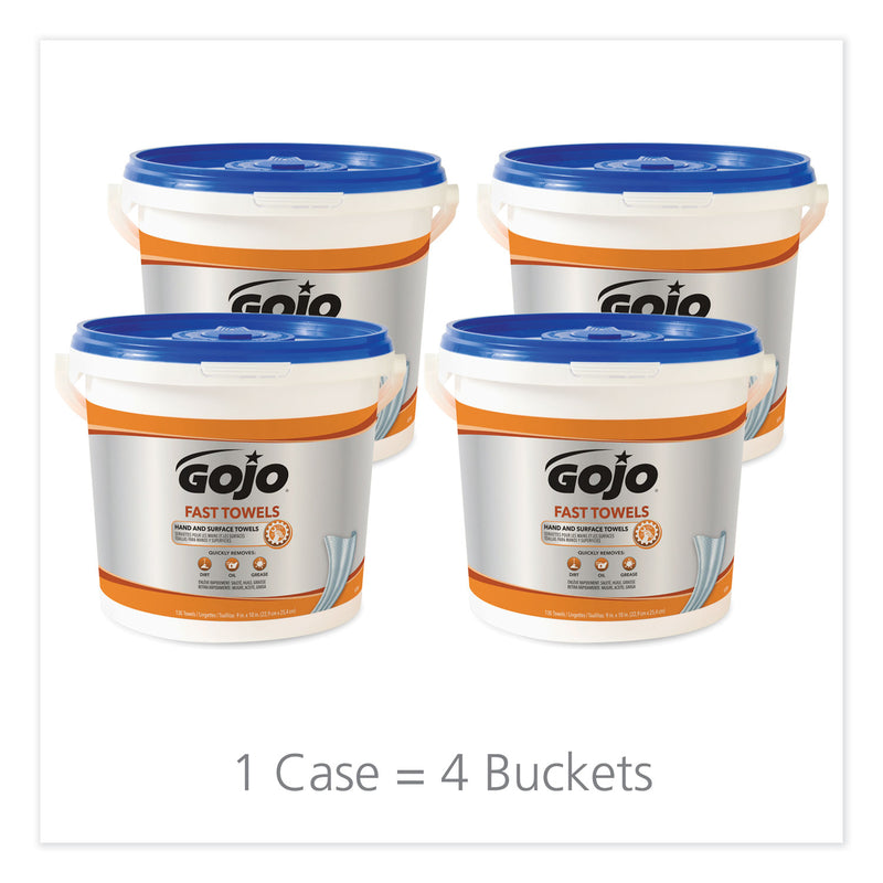 GOJO FAST TOWELS Hand Cleaning Towels, 7.75 x 11, Fresh Citrus, Blue, 130/Bucket, 4 Buckets/Carton