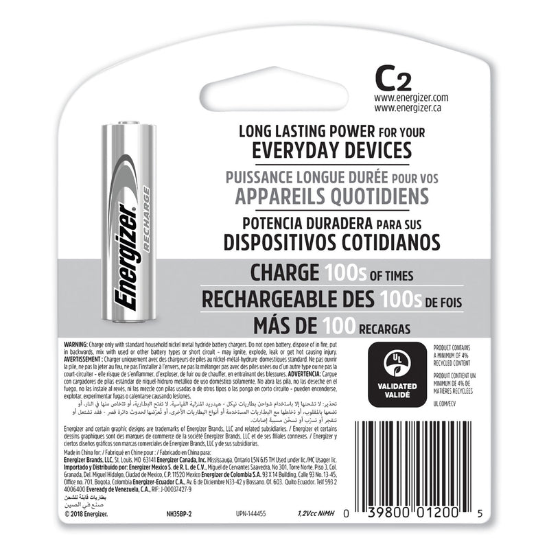 Energizer NiMH Rechargeable C Batteries, 1.2 V, 2/Pack