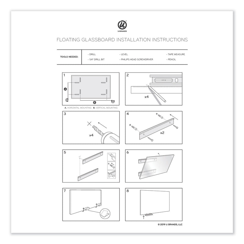 U Brands Floating Glass Dry Erase Board, 36 x 24, White