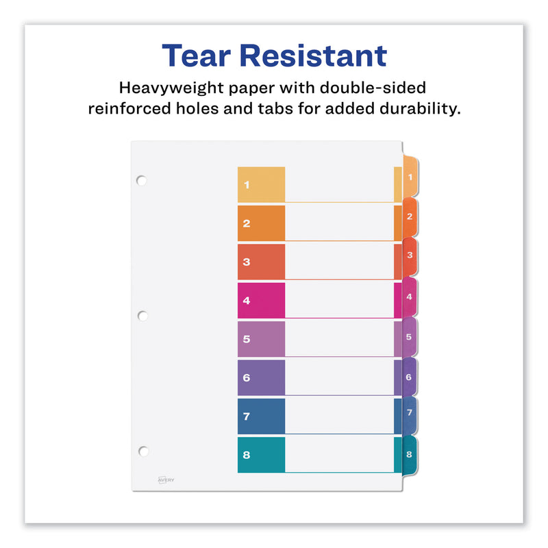 Avery Customizable TOC Ready Index Multicolor Tab Dividers, Extra Wide Tabs, 8-Tab, 1 to 8, 11 x 9.25, White, 1 Set