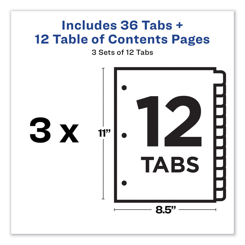 Avery Customizable Table of Contents Ready Index Dividers with Multicolor Tabs, 12-Tab, 1 to 12, 11 x 8.5, White, 3 Sets