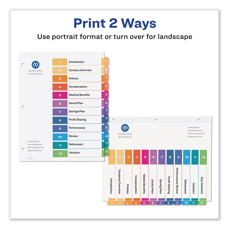 Avery Customizable Table of Contents Ready Index Dividers with Multicolor Tabs, 12-Tab, 1 to 12, 11 x 8.5, White, 3 Sets