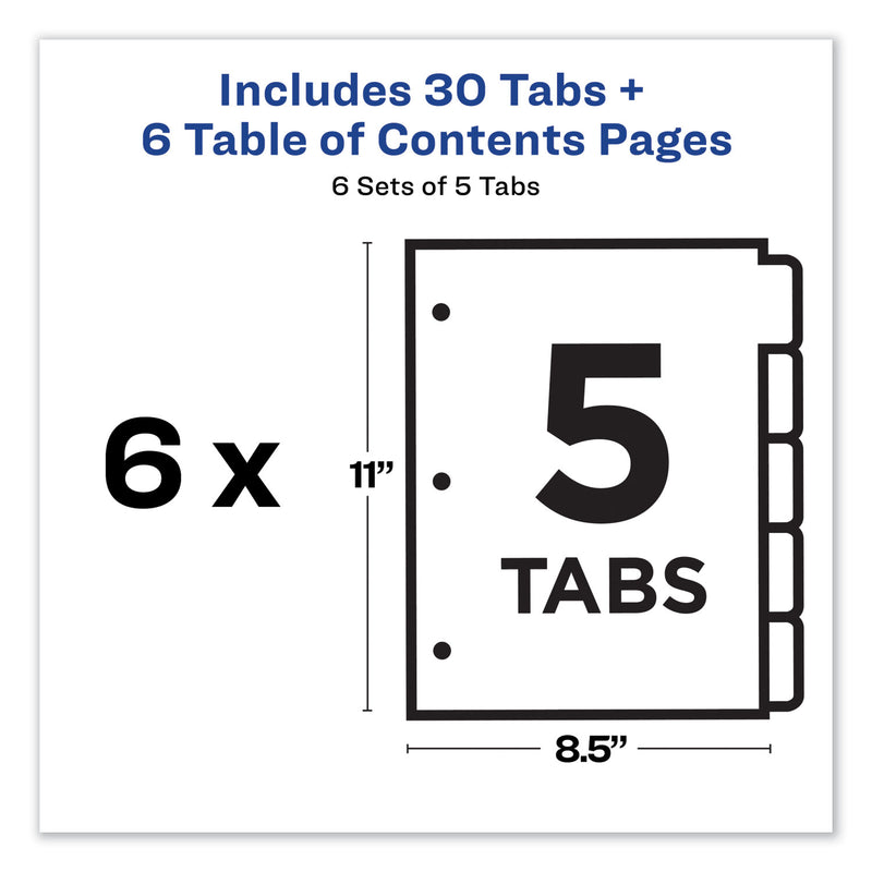 Avery Customizable TOC Ready Index Multicolor Tab Dividers, 5-Tab, 1 to 5, 11 x 8.5, White, Traditional Color Tabs, 6 Sets