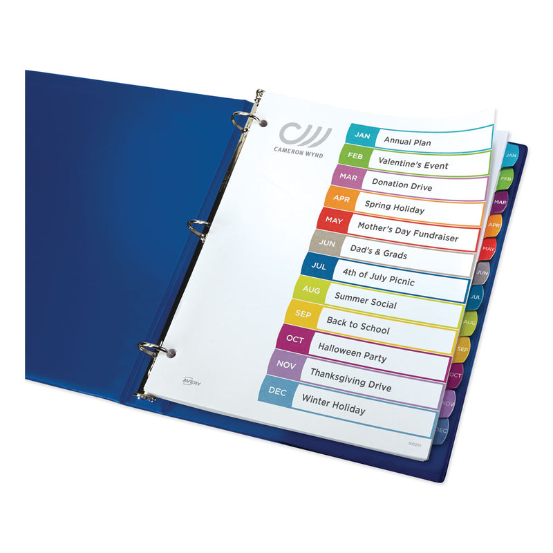 Avery Customizable TOC Ready Index Multicolor Tab Dividers, 12-Tab, Jan. to Dec., 11 x 8.5, White, Contemporary Color Tabs, 1 Set