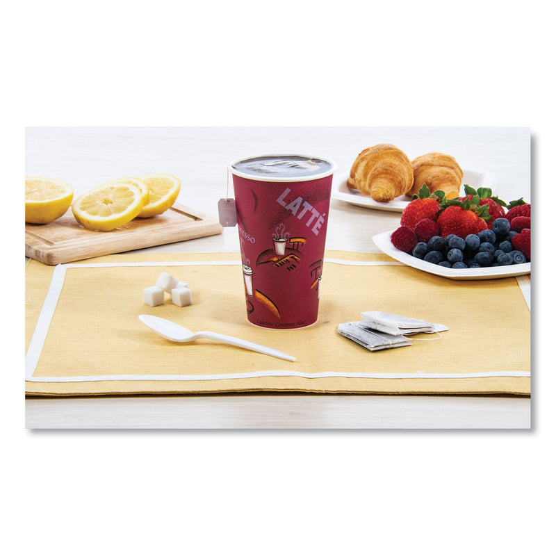 Dart Solo Paper Hot Drink Cups in Bistro Design, 16 oz, Maroon, 50/Pack