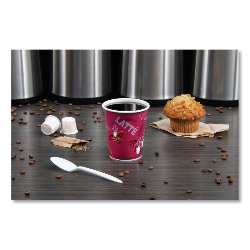 Dart Solo Paper Hot Drink Cups in Bistro Design, 10 oz, Maroon, 1,000/Carton