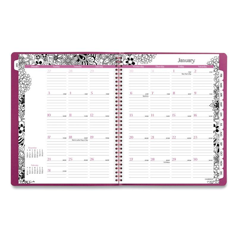 Cambridge Floradoodle Weekly/Monthly Professional Planner, Adult Coloring Artwork, 11 x 8.5, B/W Cover, 12-Month (Jan-Dec): 2023-2024