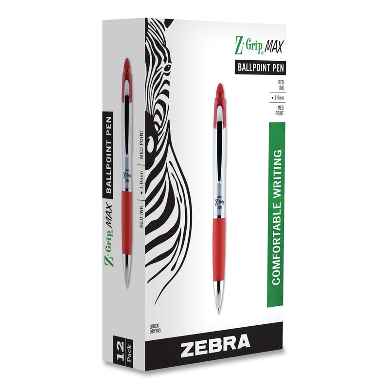 Zebra Z-Grip MAX Ballpoint Pen, Retractable, Medium 1 mm, Red Ink, Silver Barrel, 12/Pack