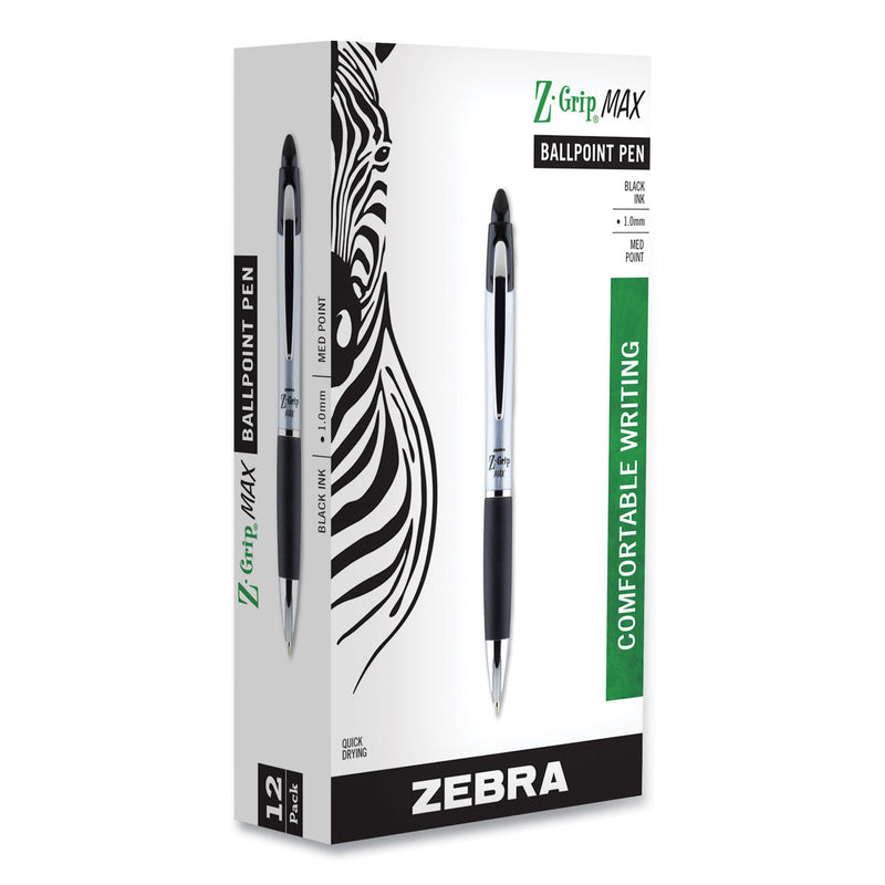 Zebra Z-Grip MAX Ballpoint Pen, Retractable, Medium 1 mm, Black Ink, Silver Barrel, 12/Pack