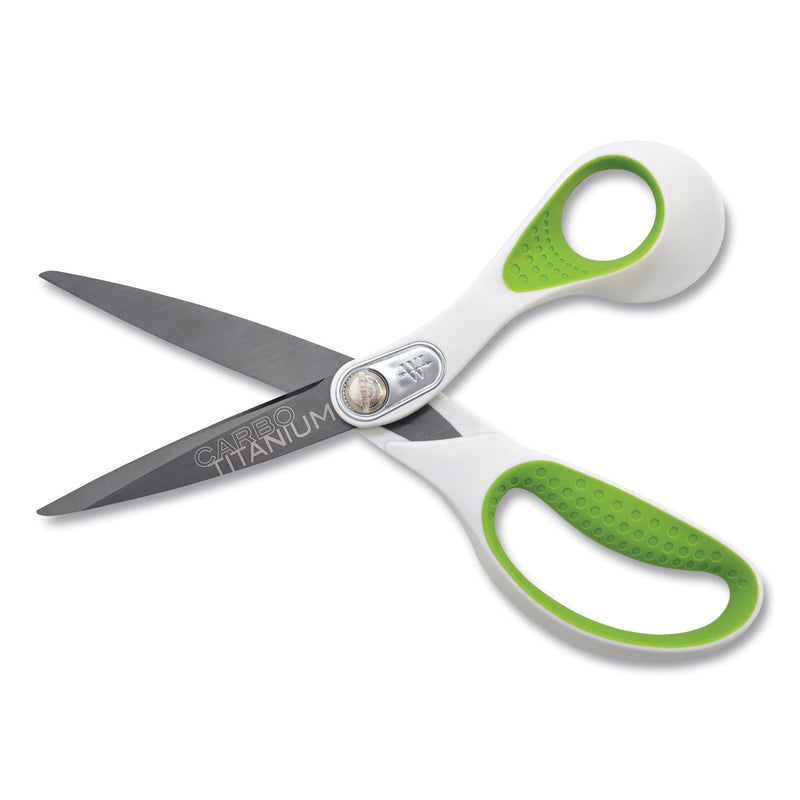 Westcott CarboTitanium Bonded Scissors, 8" Long, 3.25" Cut Length, White/Green Straight Handle