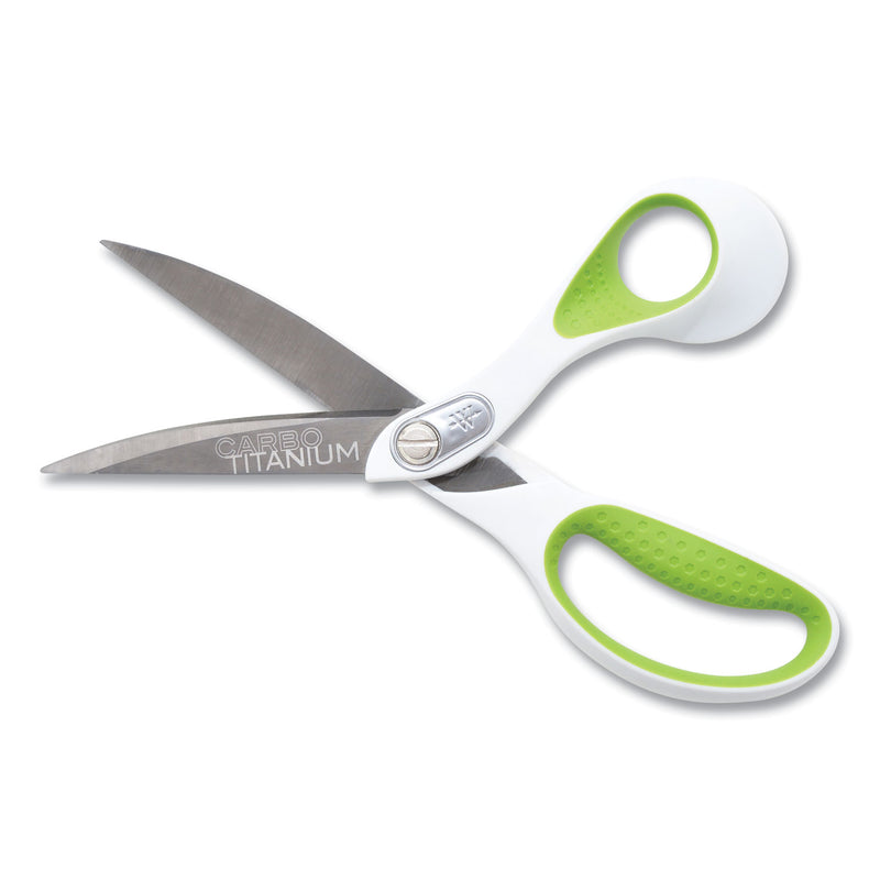 Westcott CarboTitanium Bonded Scissors, 9" Long, 4.5" Cut Length, White/Green Bent Handle