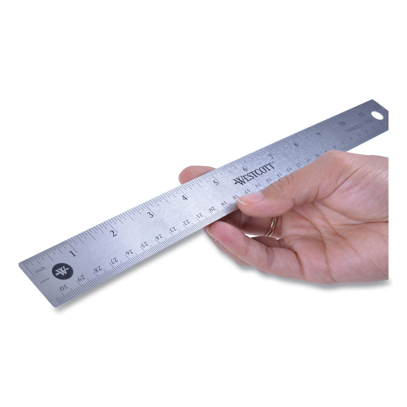 Westcott Stainless Steel Office Ruler With Non Slip Cork Base, Standard/Metric, 12" Long