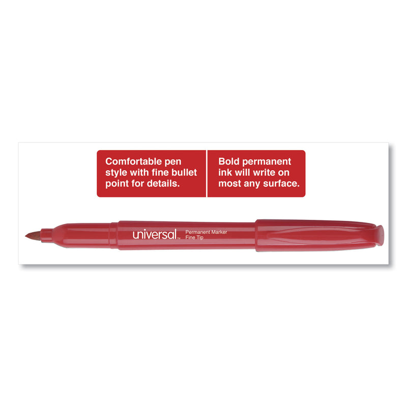 Universal Pen-Style Permanent Marker, Fine Bullet Tip, Red, Dozen