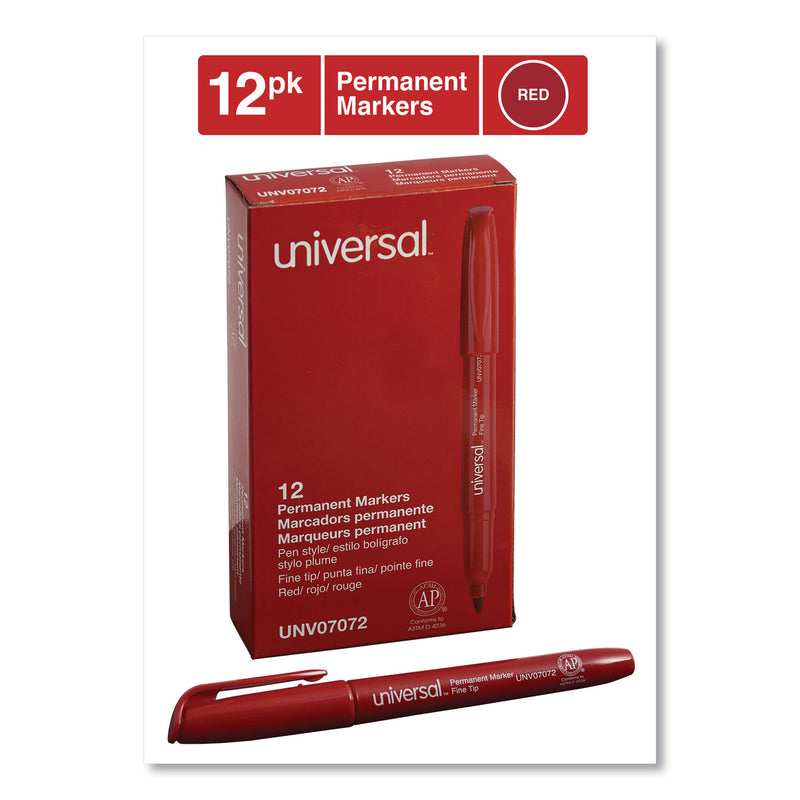 Universal Pen-Style Permanent Marker, Fine Bullet Tip, Red, Dozen