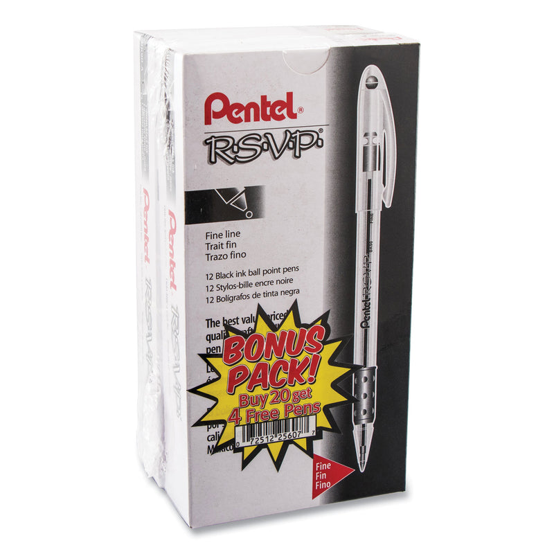 Pentel R.S.V.P. Ballpoint Pen Value Pack, Stick, Fine 0.7 mm, Black Ink, Clear/Black Barrel, 24/Pack