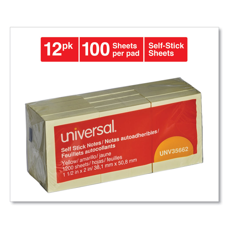 Universal Self-Stick Note Pads, 1.5" x 2", Yellow, 100 Sheets/Pad, 12 Pads/Pack