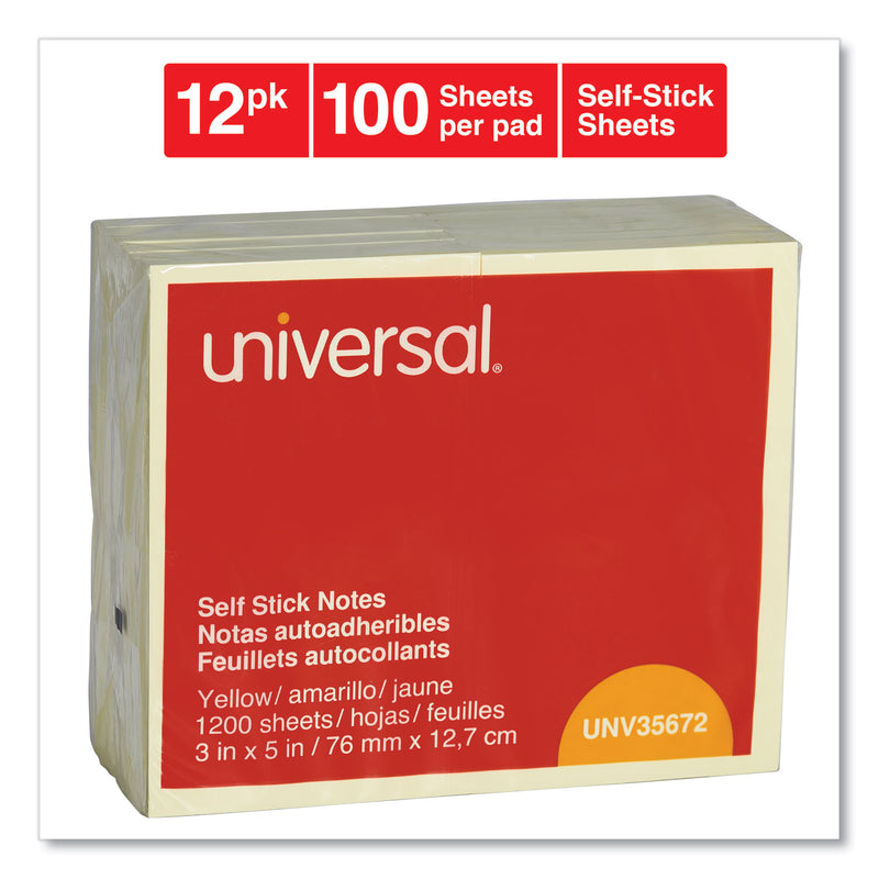 Universal Self-Stick Note Pads, 3" x 5", Yellow, 100 Sheets/Pad, 12 Pads/Pack