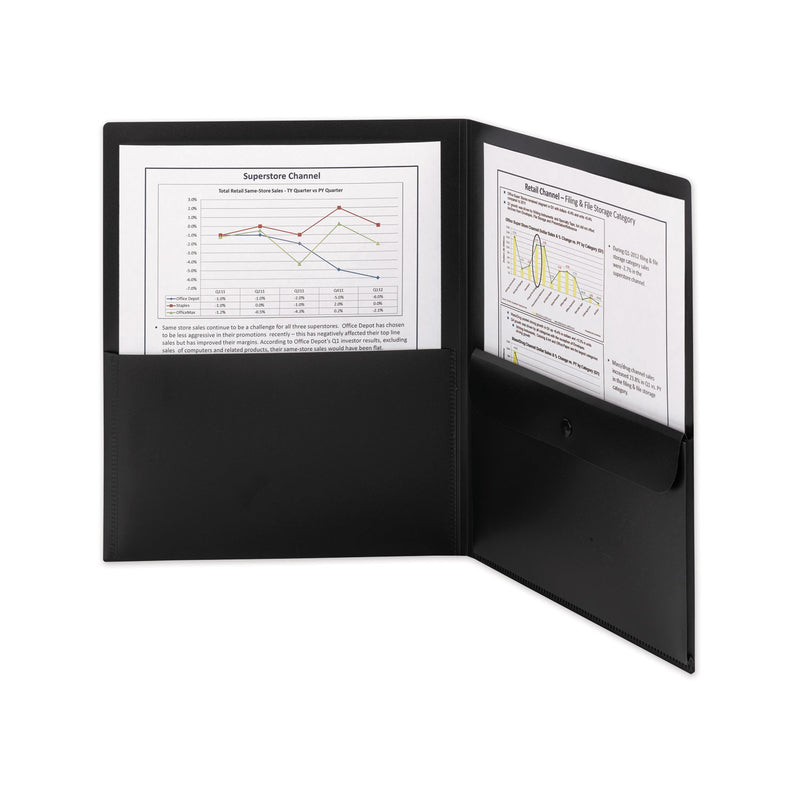 Smead Poly Two-Pocket Folder with Snap Closure Security Pocket, 100-Sheet Capacity, 11 x 8.5, Black, 5/Pack