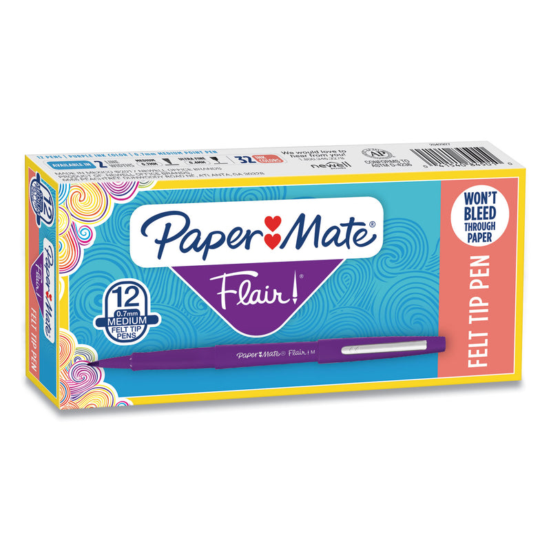 Paper Mate Point Guard Flair Felt Tip Porous Point Pen, Stick, Medium 0.7 mm, Purple Ink, Purple Barrel, Dozen