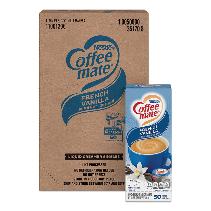 Coffee mate Liquid Coffee Creamer, French Vanilla, 0.38 oz Mini Cups, 50/Box, 4 Boxes/Carton, 200 Total/Carton