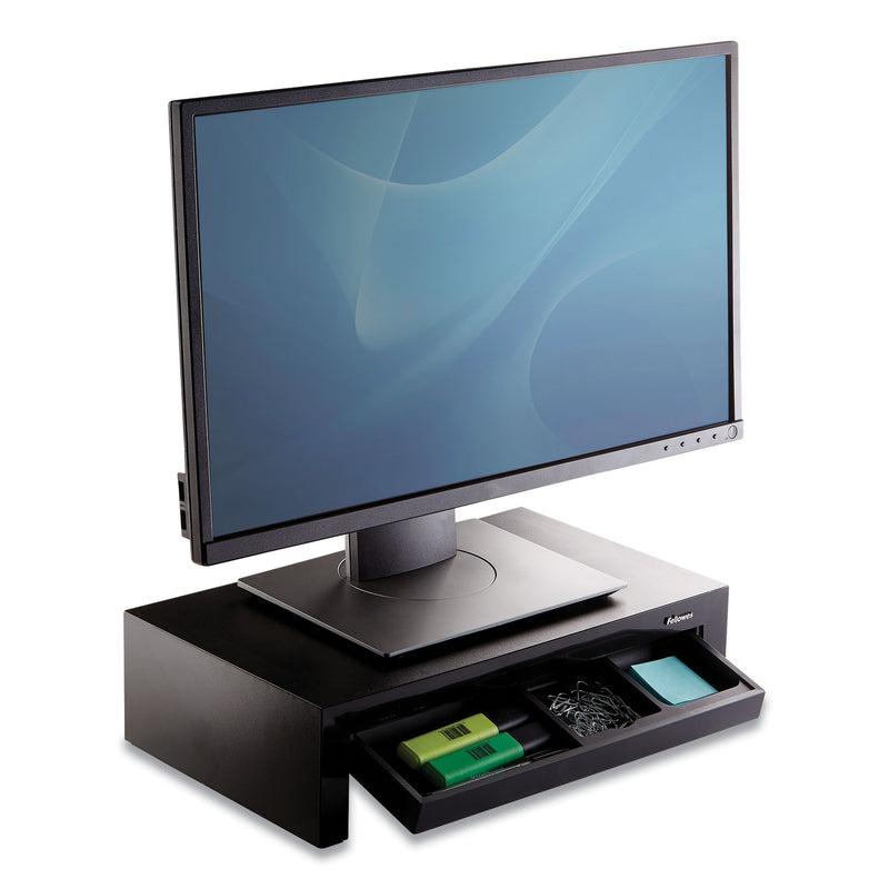 Fellowes Designer Suites Monitor Riser, For 21" Monitors, 16" x 9.38" x 4.38" to 6", Black Pearl, Supports 40 lbs