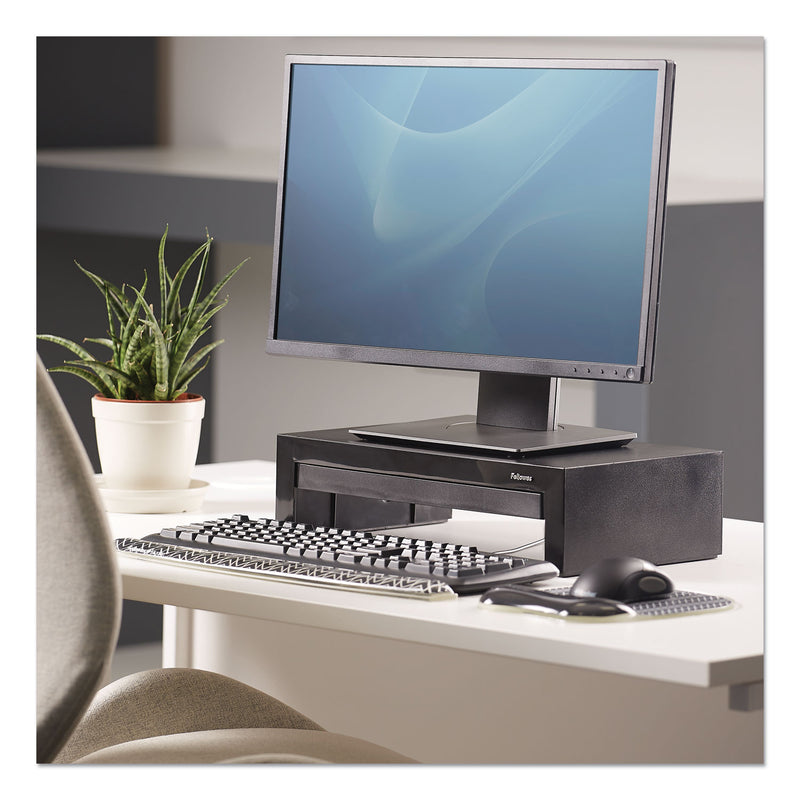 Fellowes Designer Suites Monitor Riser, For 21" Monitors, 16" x 9.38" x 4.38" to 6", Black Pearl, Supports 40 lbs