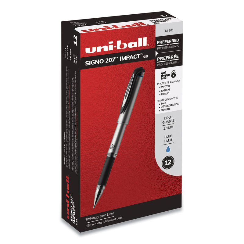 uniball 207 Impact Gel Pen, Stick, Bold 1 mm, Blue Ink, Black Barrel