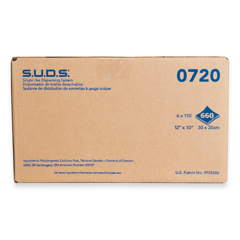 Chicopee S.U.D.S. Single Use Dispensing System Towels For Quat, 10 x 12, Unscented, White, 110/Roll, 6 Rolls/Carton