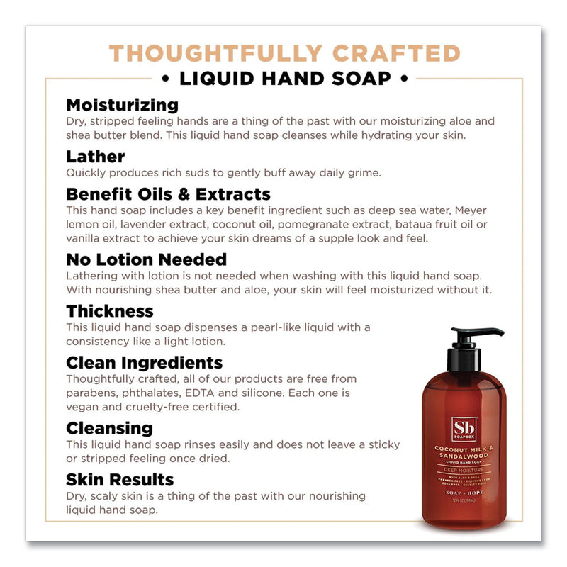 Soapbox Hand Soap, Coconut Milk and Sandalwood, 12 oz Pump Bottle, 3/Box