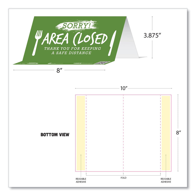 Tabbies BeSafe Messaging Table Top Tent Card, 8 x 3.87, Sorry! Area Closed Thank You For Keeping A Safe Distance, Green, 10/Pack