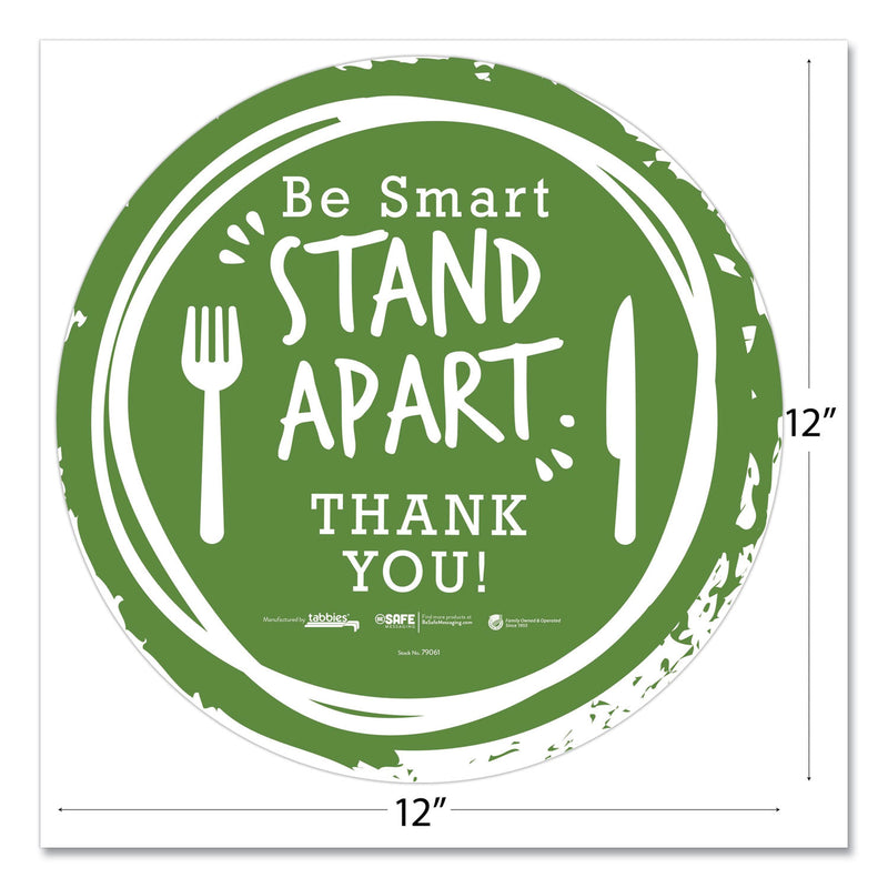 Tabbies BeSafe Messaging Floor Decals, Be Smart Stand Apart; Knife/Fork; Thank You, 12" Dia., Green/White, 60/Carton