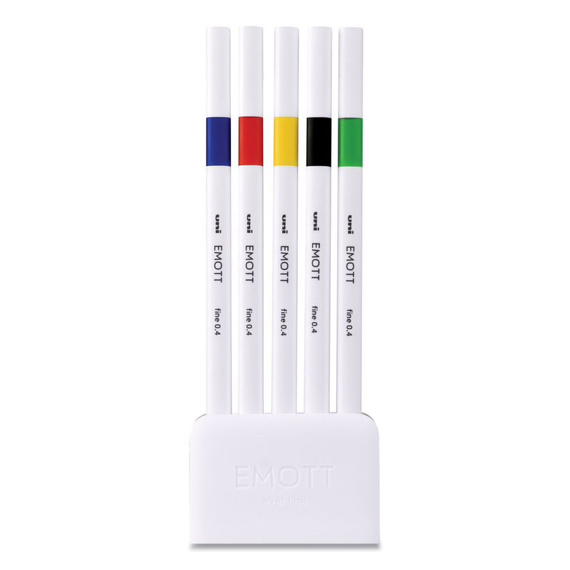 uniball EMOTT Porous Point Pen, Stick, Fine 0.4 mm, Assorted Ink Colors, White Barrel, 5/Pack