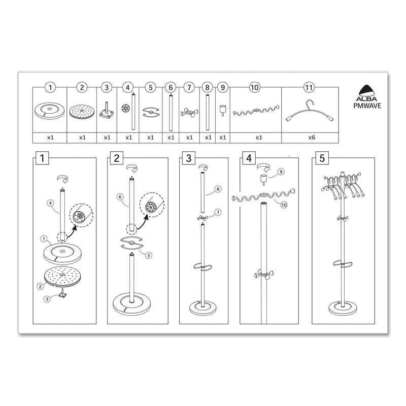 Alba Wavy Coat Tree, Six Hangers/Two Knobs/Four Hooks, 18.88w x 14d x 68.5h, Silver/Wood