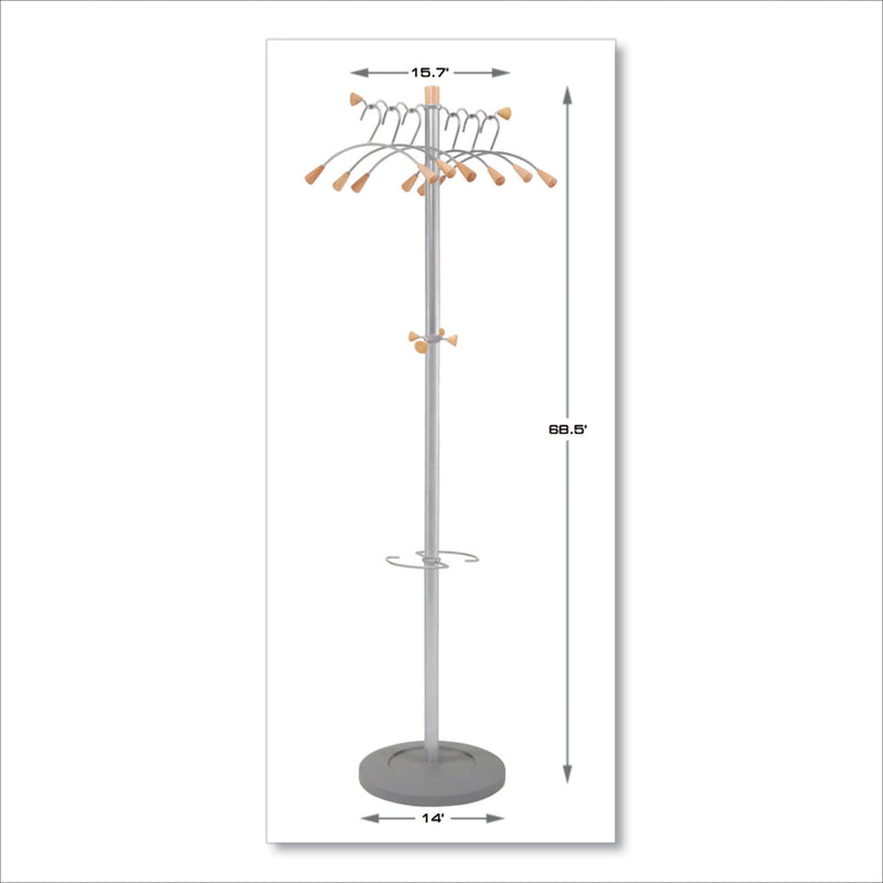 Alba Wavy Coat Tree, Six Hangers/Two Knobs/Four Hooks, 18.88w x 14d x 68.5h, Silver/Wood