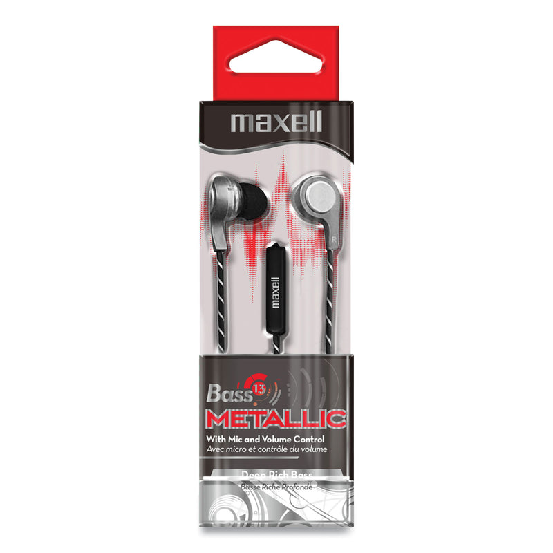 Maxell Bass 13 Metallic Earbuds with Microphone, 4 ft Cord, Silver