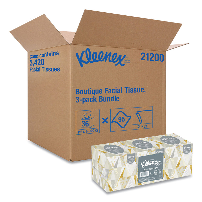 Kleenex Boutique White Facial Tissue, 2-Ply, Pop-Up Box, 95 Sheets/Box, 3 Boxes/Pack, 12 Packs/Carton