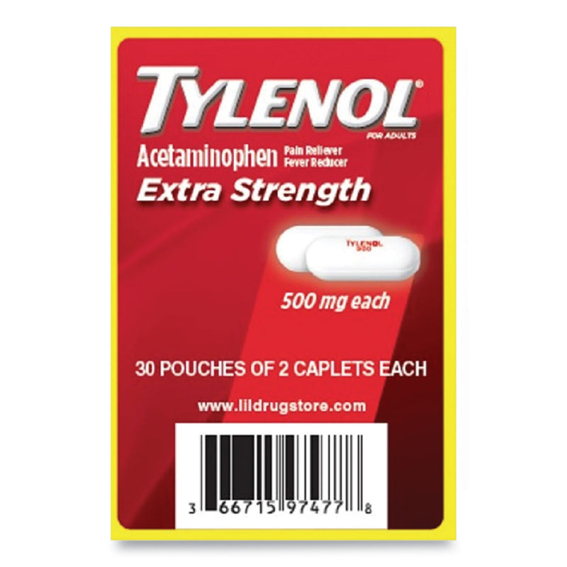 Tylenol Acetaminophen, 500mg, Extra Strength Caplets, Refill, 2 /Packet, 30 Packets/Box